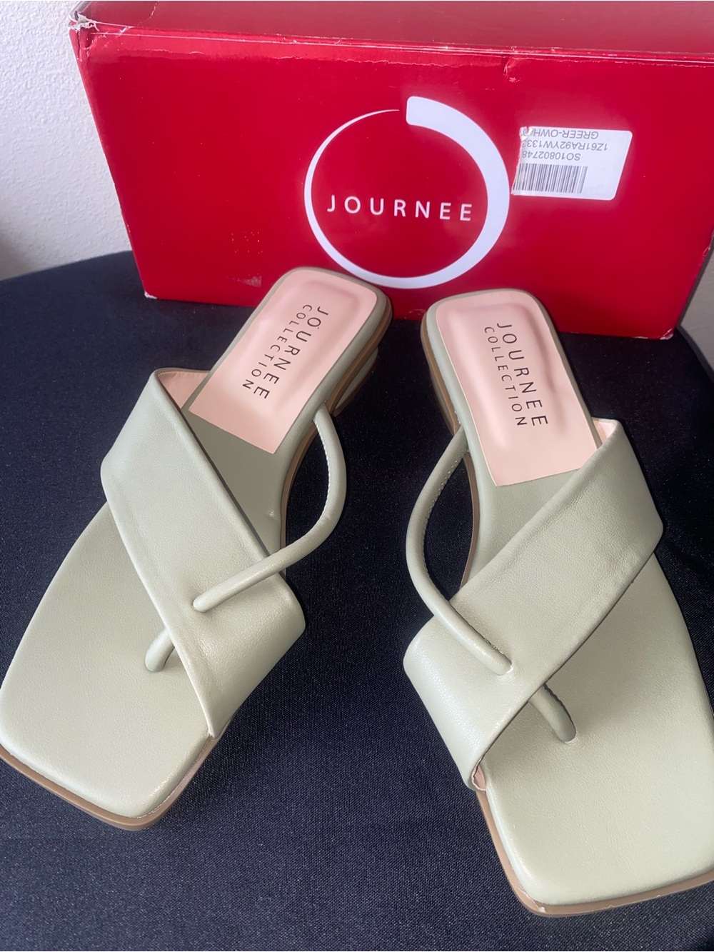 Journee Collection Sage Green Square-Toe Toe-Loop Slide Sandals
